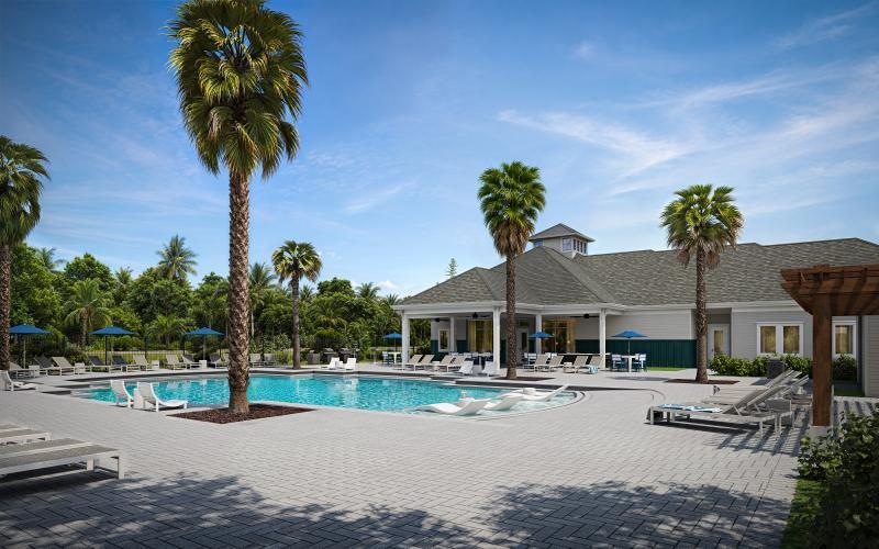 a swimming pool in front of a building