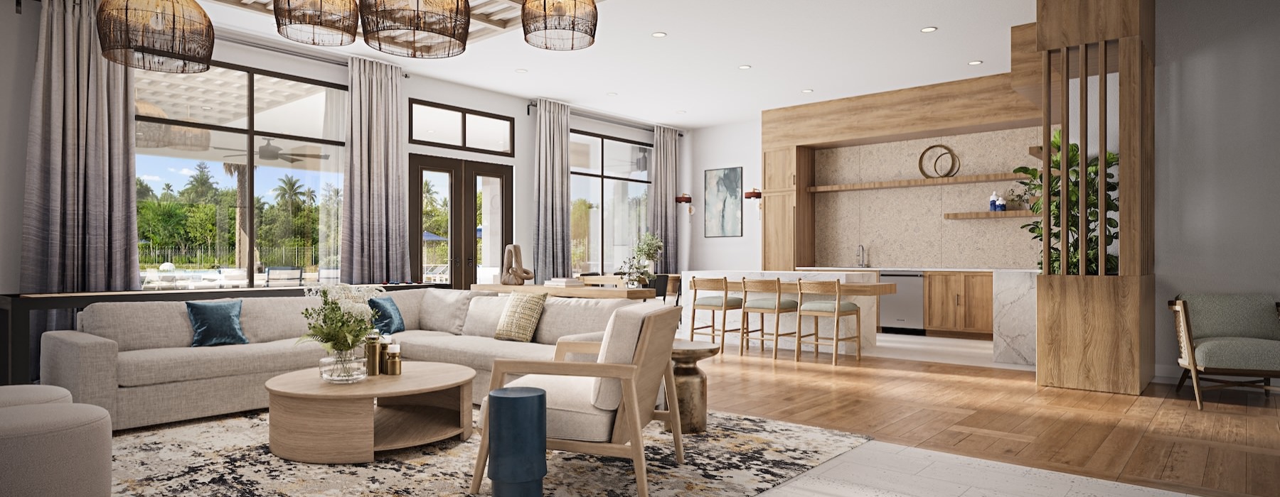 a clubroom with a couch, chairs and tables