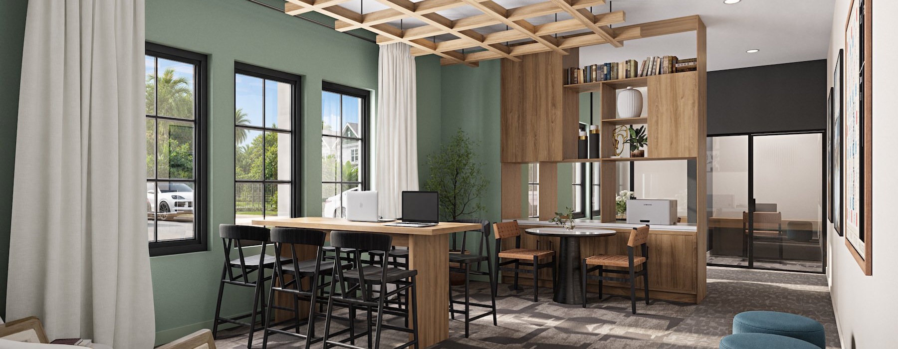 a clubroom with tables and chairs
