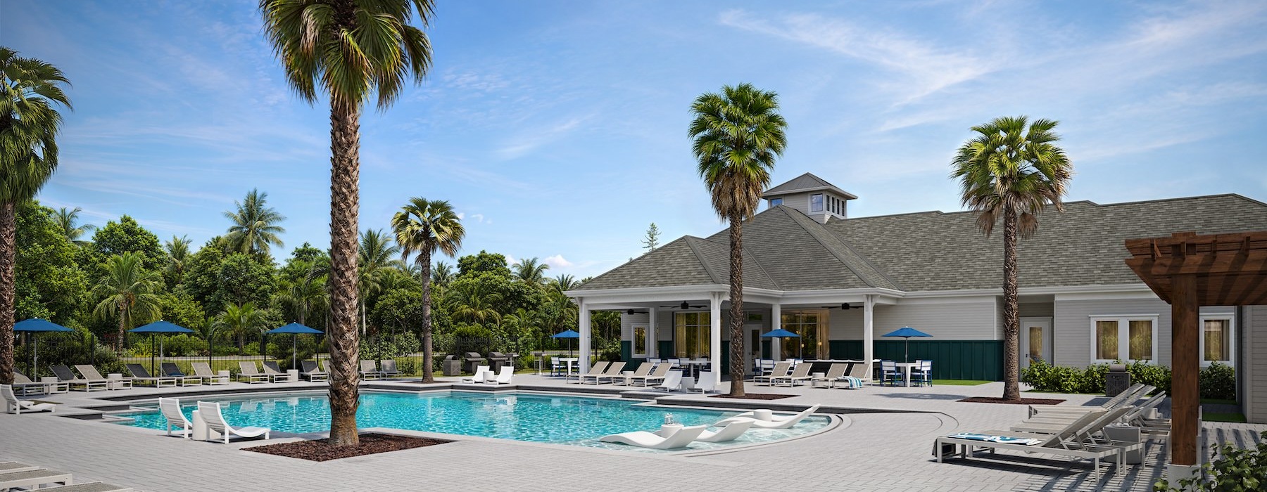 a swimming pool in front of a building