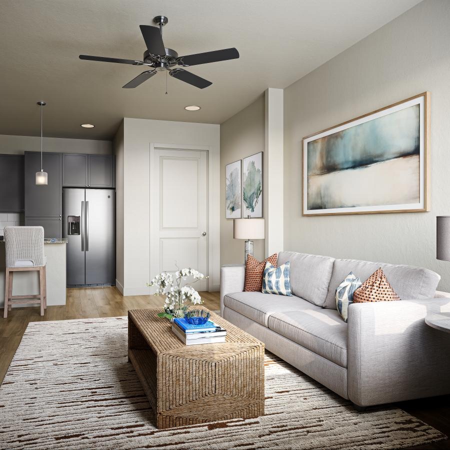 a living room with a couch and a table